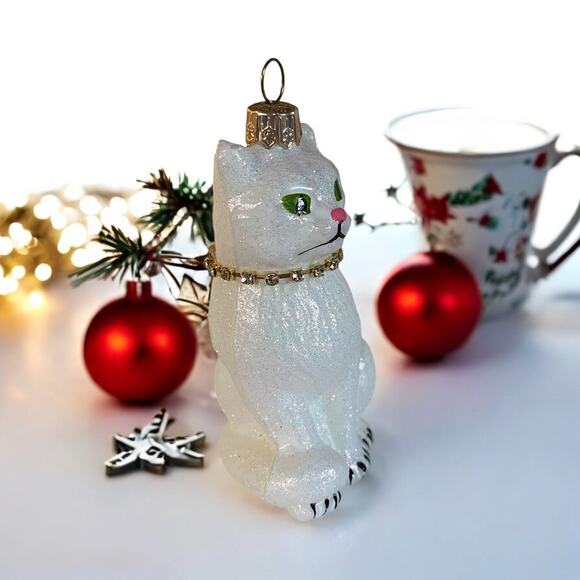 NIB Hand Painted Poland Holiday Glitter White Cat Glass Christmas Tree Ornament - Picture 2 of 6